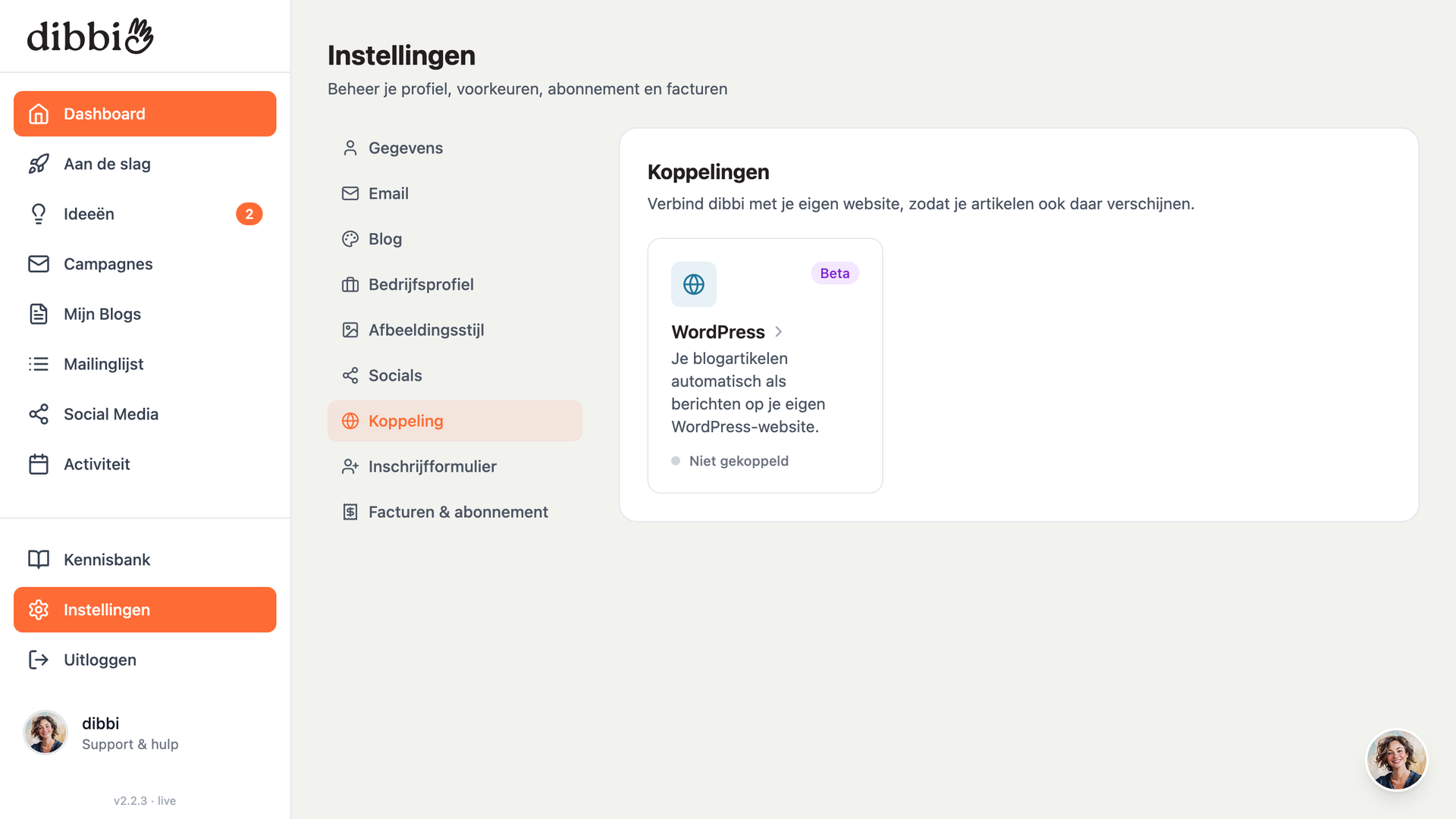 Schermafbeelding van dibbi: Zo zet je je blogs op je WordPress-website