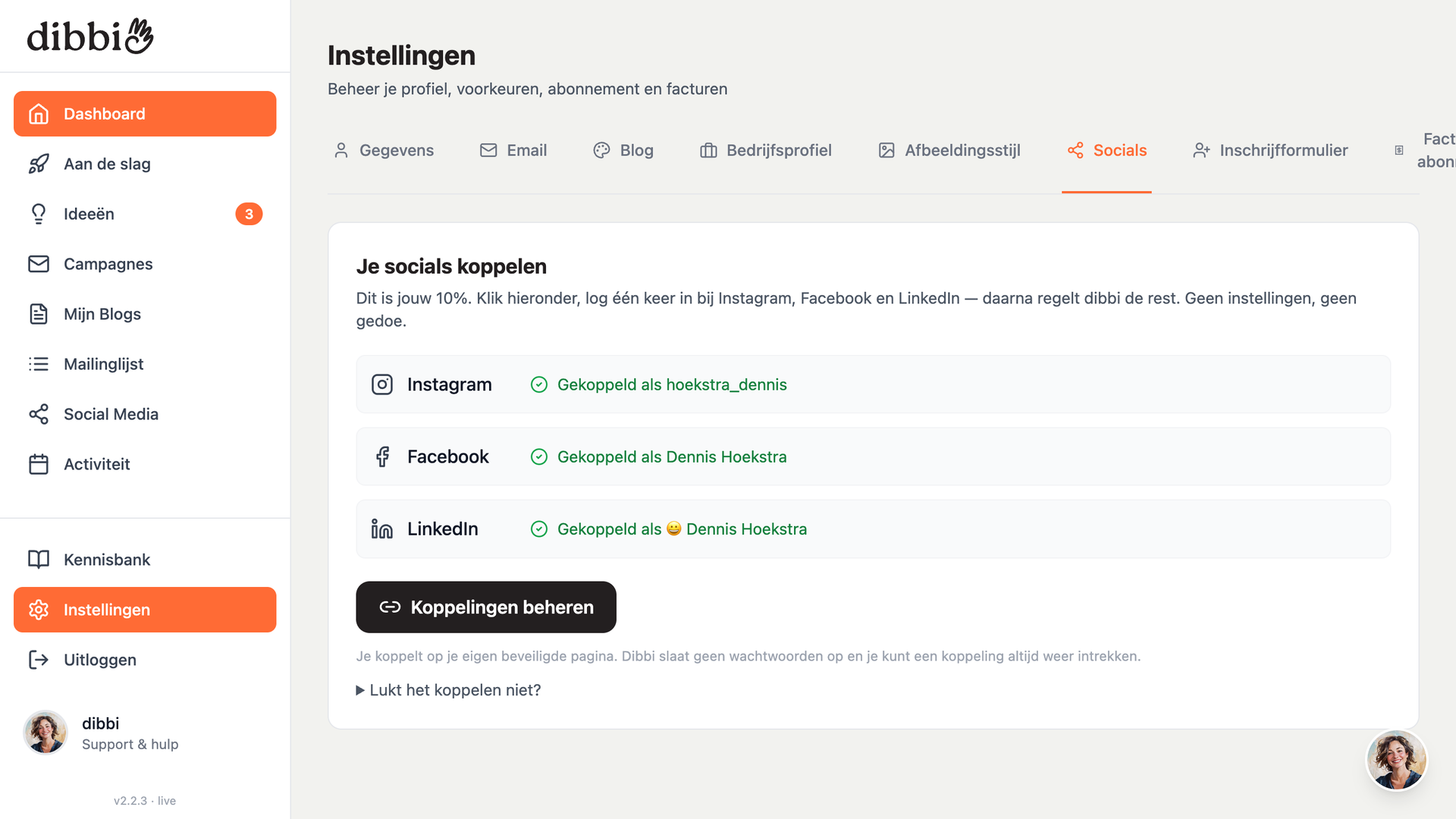 Schermafbeelding van dibbi: Zo koppel je je social kanalen