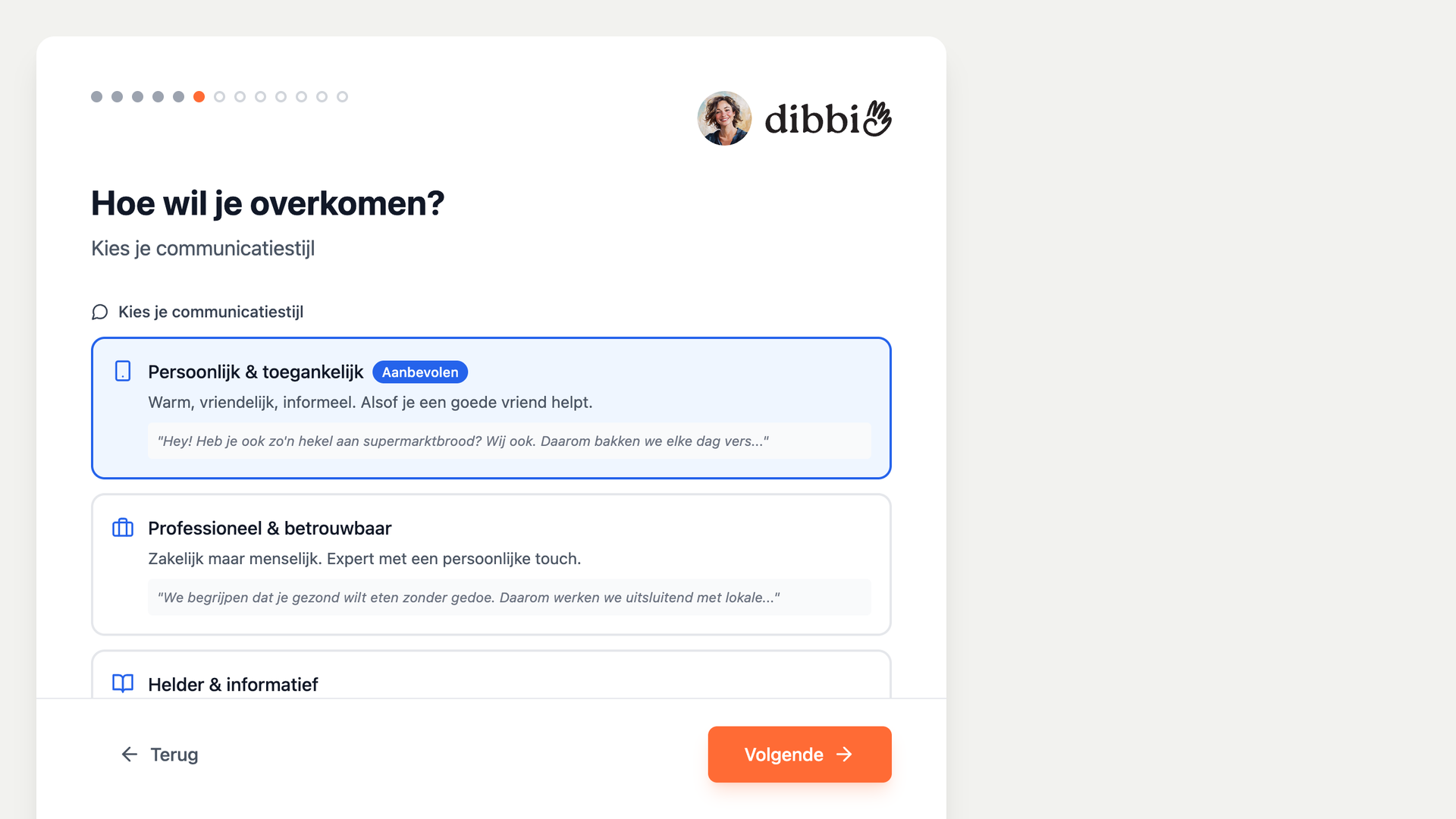 Schermafbeelding van dibbi: Zo stel je je tone of voice in